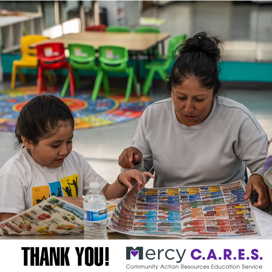 A graphic showing a mother and daughter going through coupons together, with, "Thank you Mercy C.A.R.E.S." written underneath.